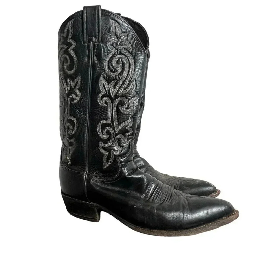 Justin Boots Mens 7.5D Buck Cowboy Western Black Cowhide Pull On Pointed Toe